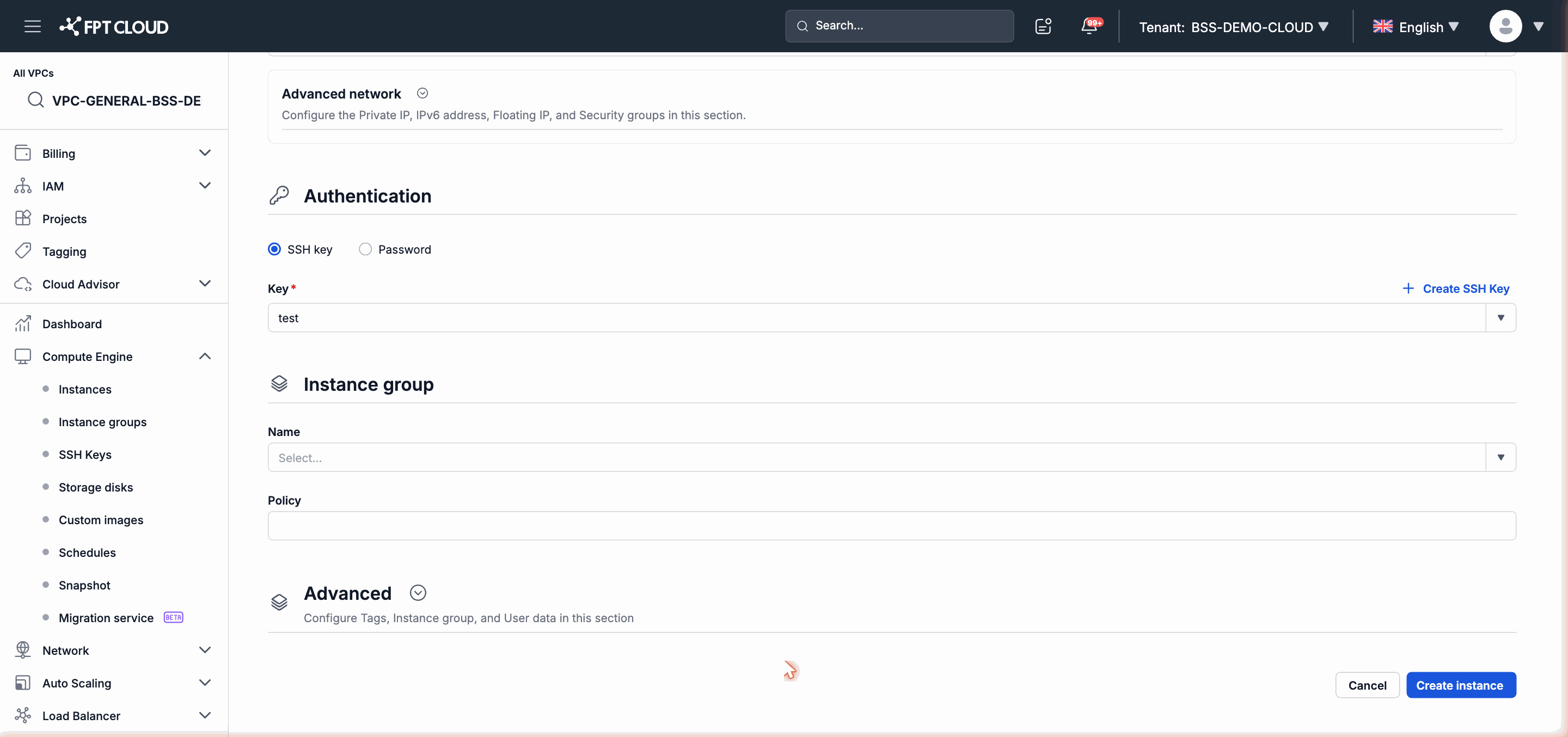 Section Authentication trong wizard tạo Instance