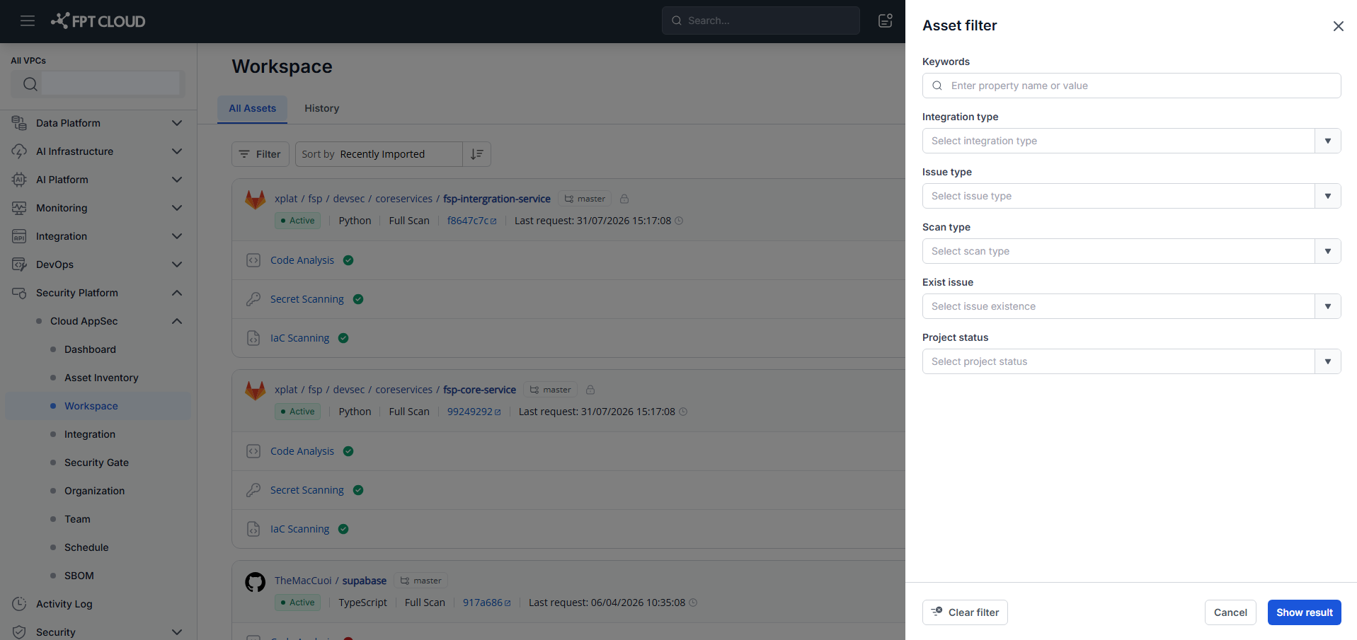 Workspace — tùy chọn filter
